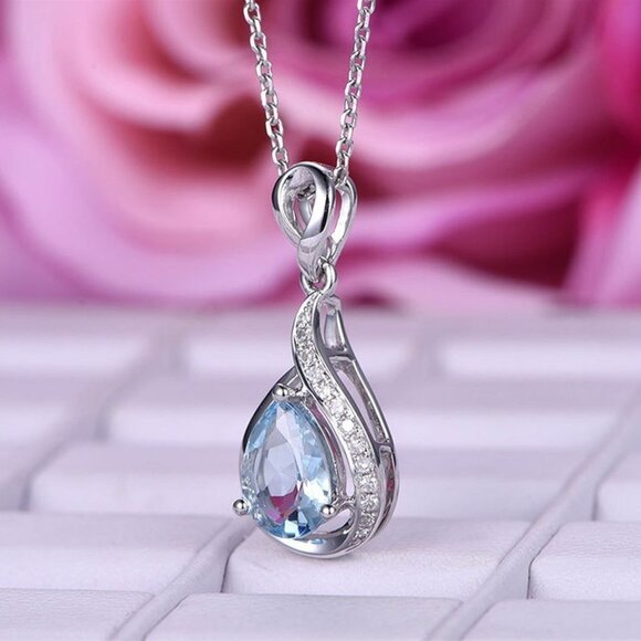 💞Elegant Water Drop Light Blue Hollow Pear Silver Plated Necklace, EVGG1011 - Picture 1 of 9
